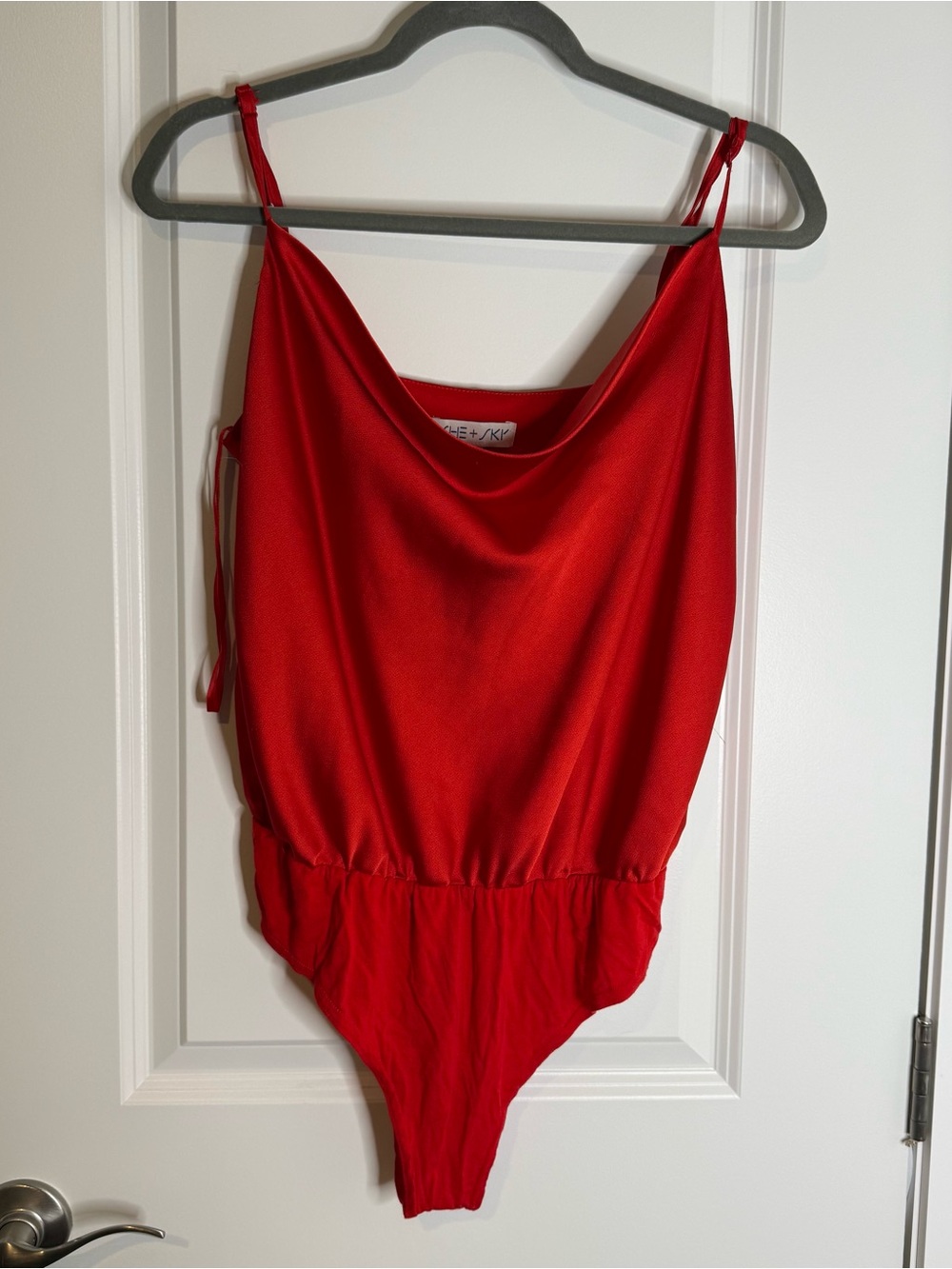 She + Sky Red Satin Cowl Neck Bodysuit